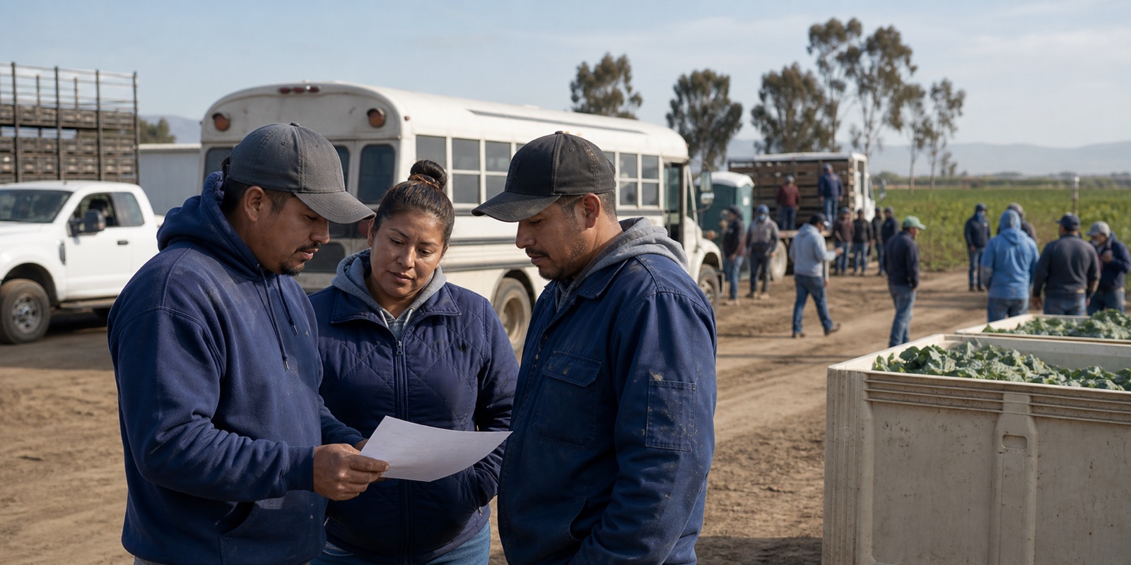 Farm labor supervisors coordinating crews and transportation