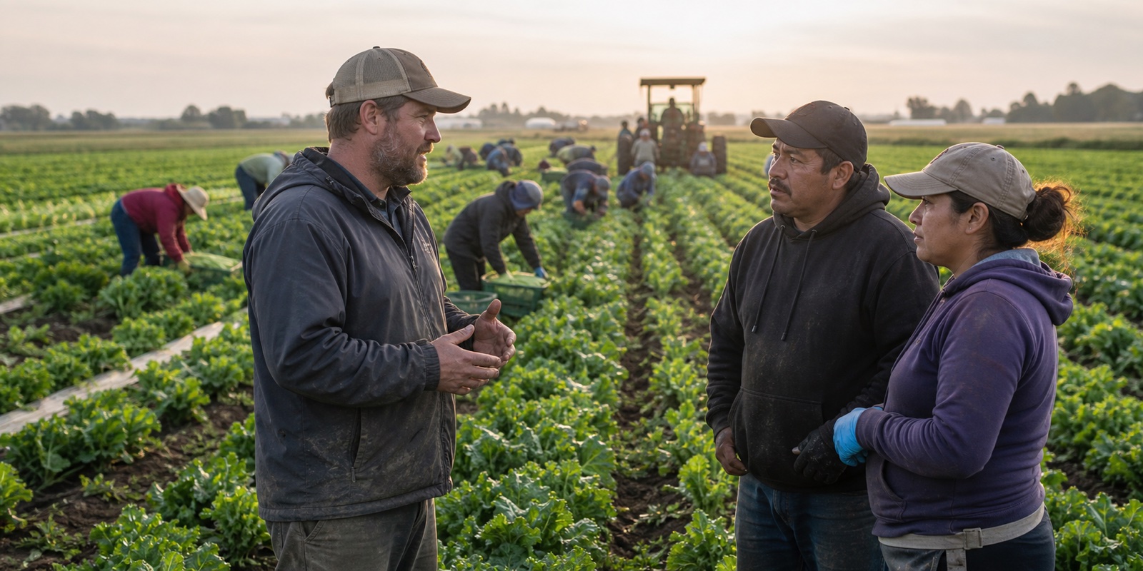 Grower coordinating with crew leads during a field harvest